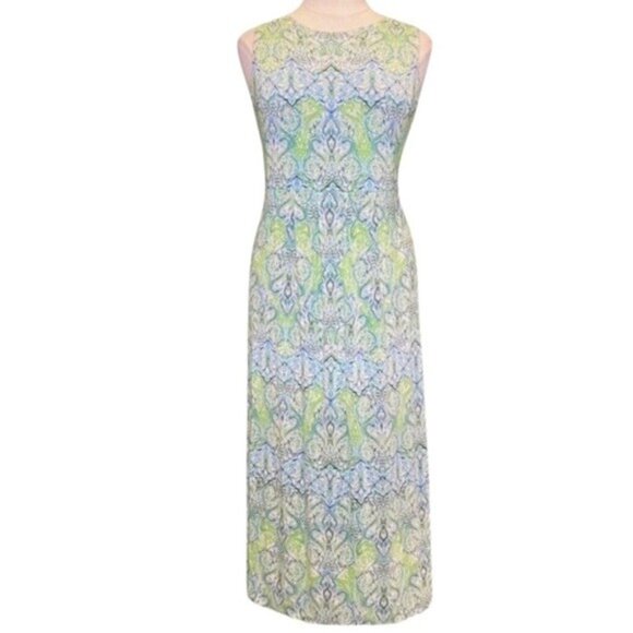 J. Jill Dresses & Skirts - J. Jill Sleeveless Round Neck Green Paisley Pattern Knit Shift Midi Dress Sz M
